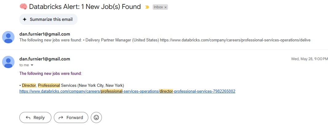 Databricks Job Tracker email