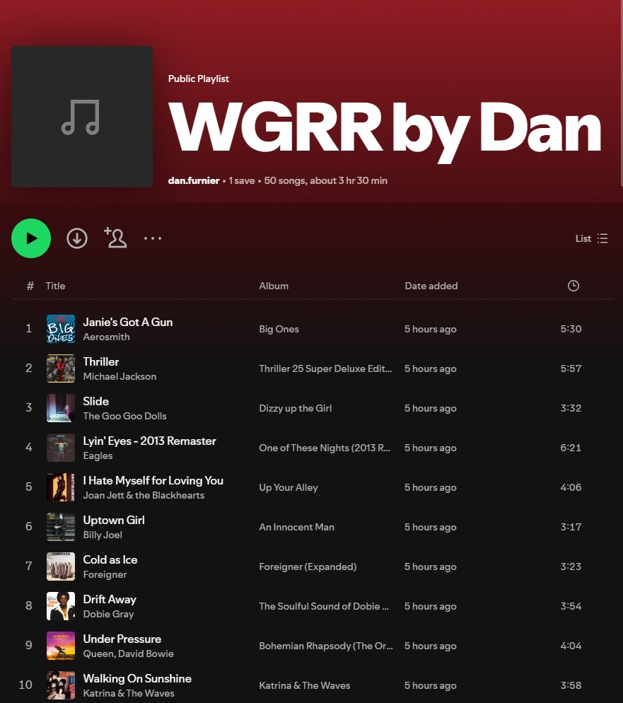 WGRR Spotify screenshot