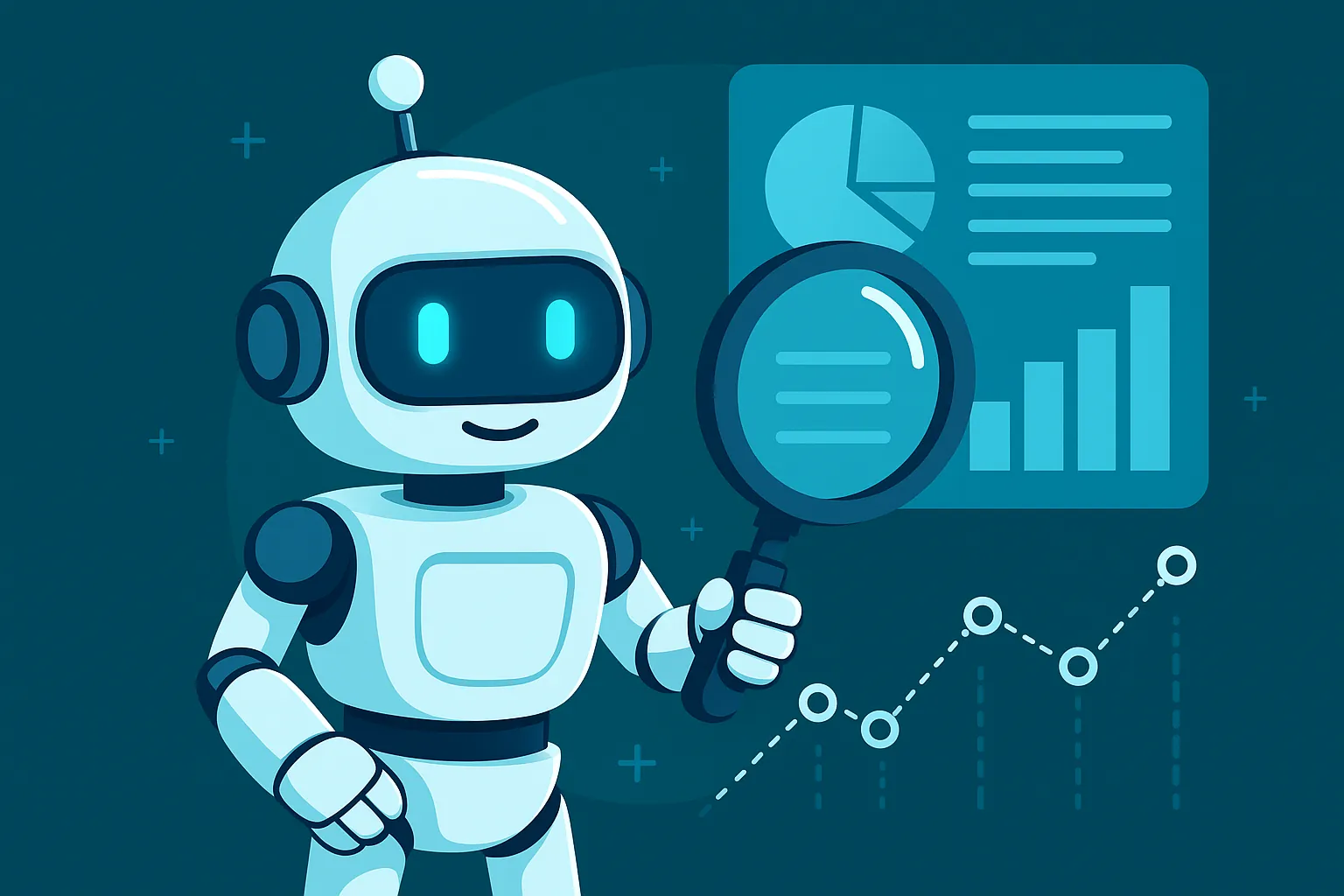 A stylized robot holding a magnifying glass over data